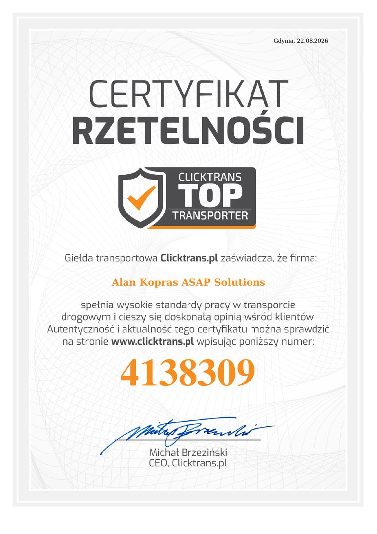 Certyfikat rzetelności Clicktrans Top Transporter dla Alan Kopras ASAP Solutions